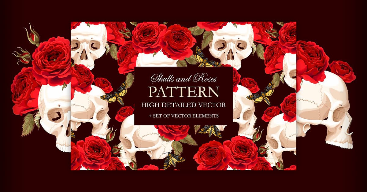 Pattern with Skulls and Roses facebook image.