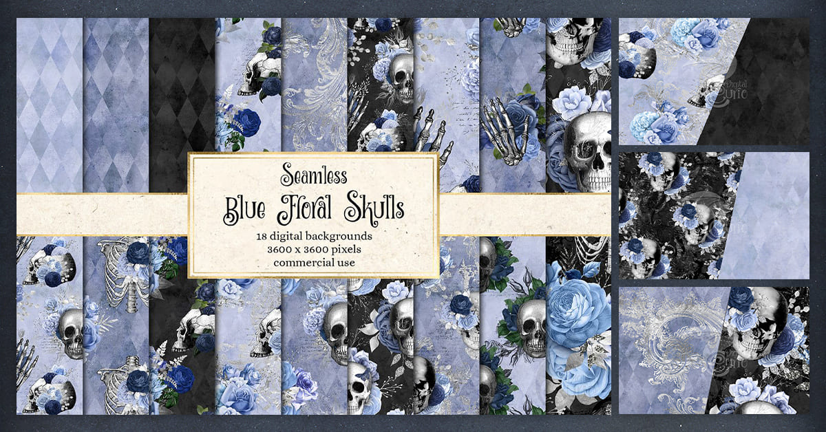 Blue Floral Skulls Digital Paper facebook image.