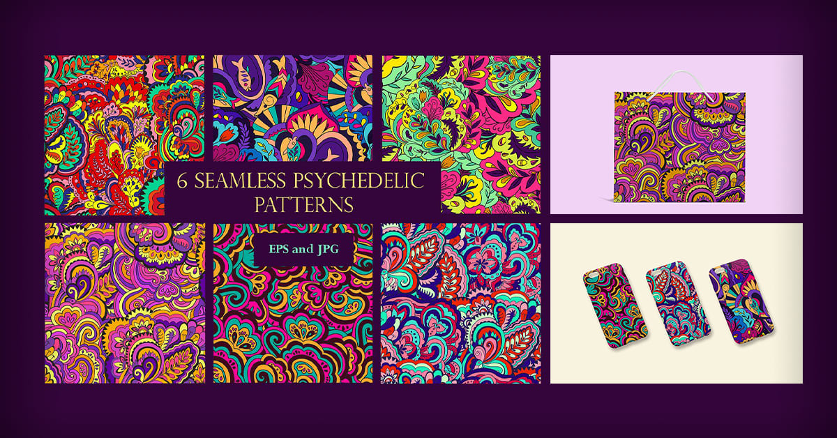 6 Seamless Psychedelic Patterns facebook image.