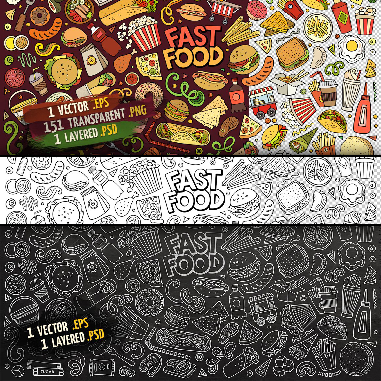 Fast food in the image in the style of three species.