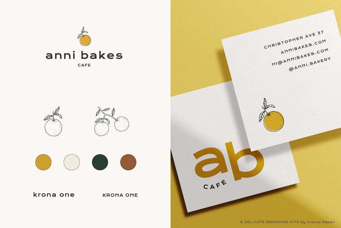 Anni Bakes cafe business cards in yellow, white, brown and marsala.