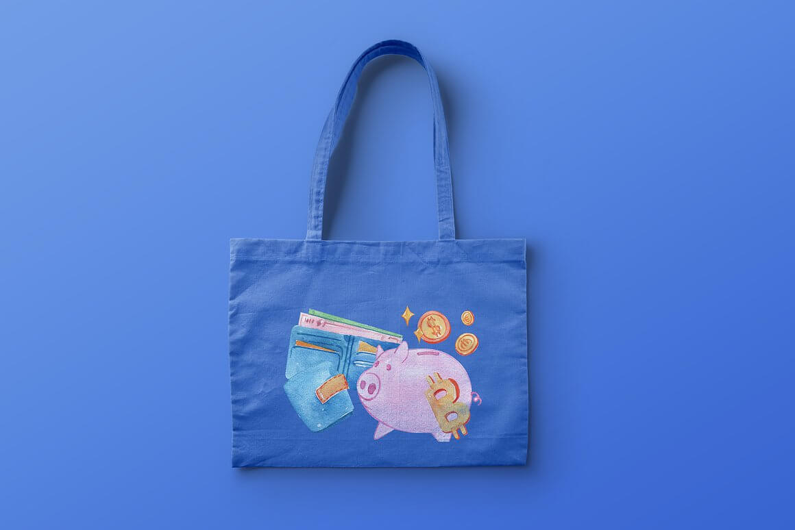 A blue bag on a blue background with a picture of a piggy bank and a wallet with money.