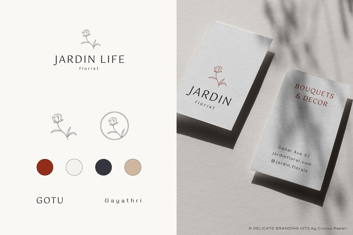 Jardin life florist business cards in white, beige, blue and red.
