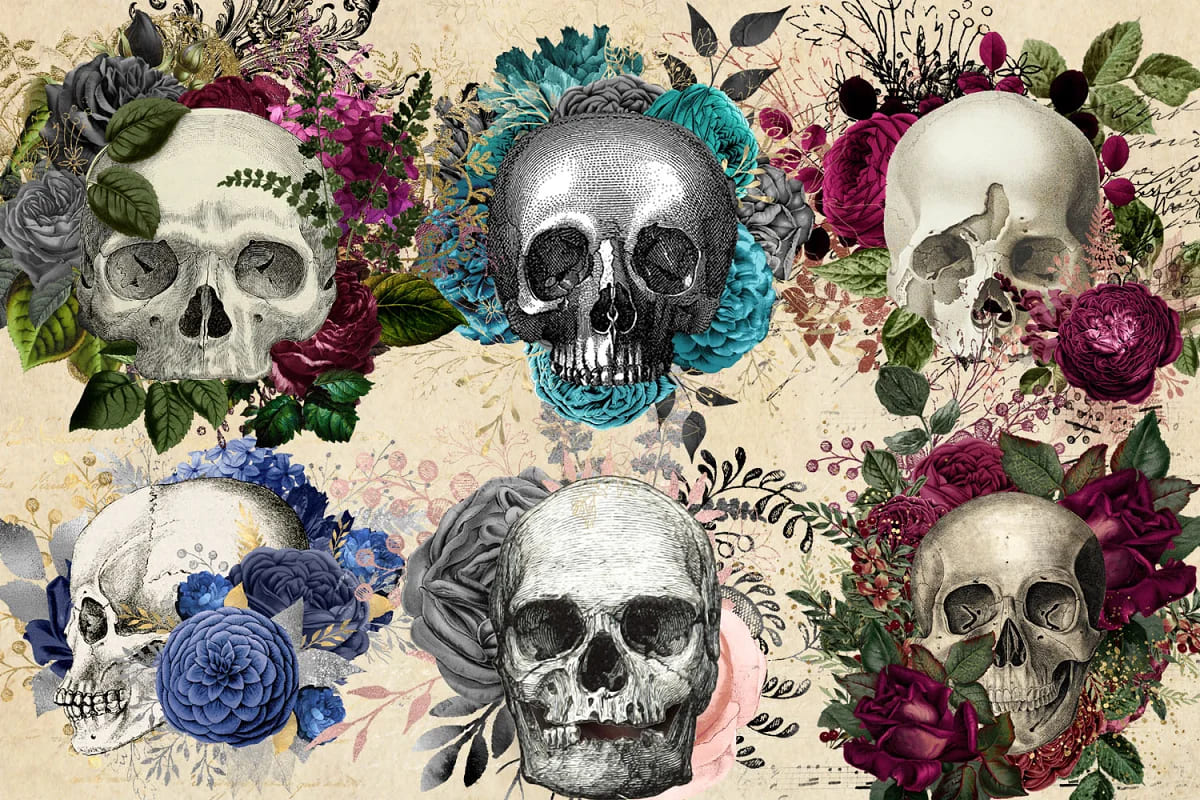 floral skull elements clipart.