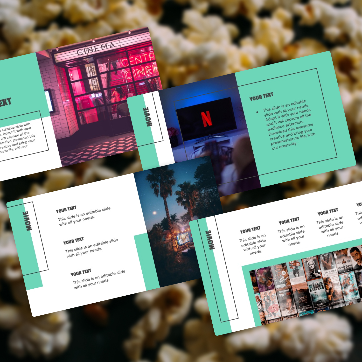 Various slides with background images of popcorn.