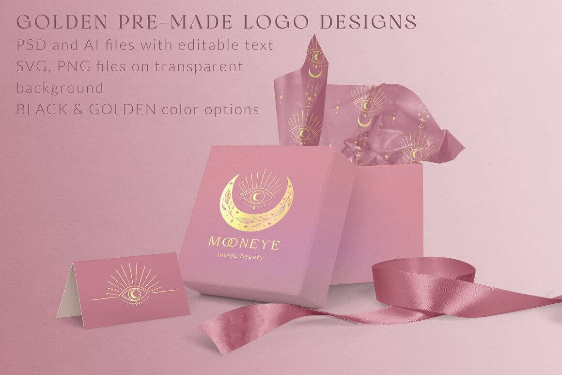 Golden Pre-made logo designs, example of pink box with this logo.