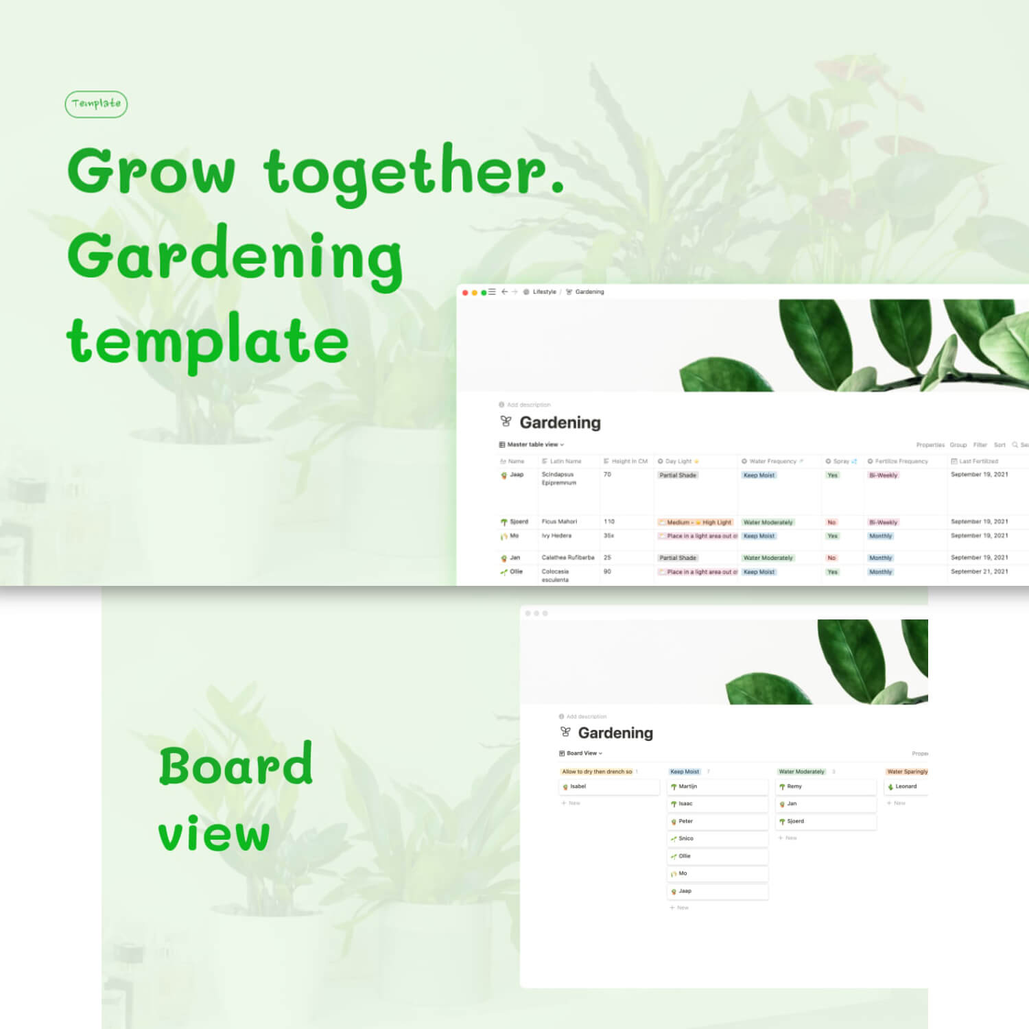 Two slides: first slide about gardening template, second slide about board view.