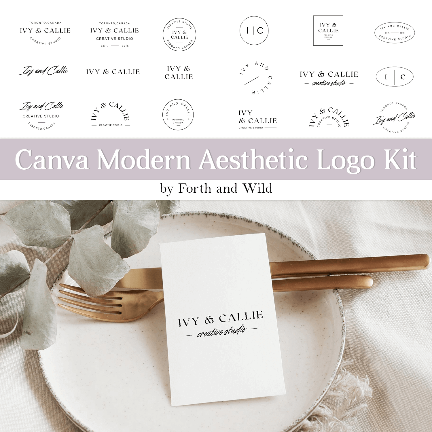 Canva Modern Aesthetic Logo Kit with example of use.