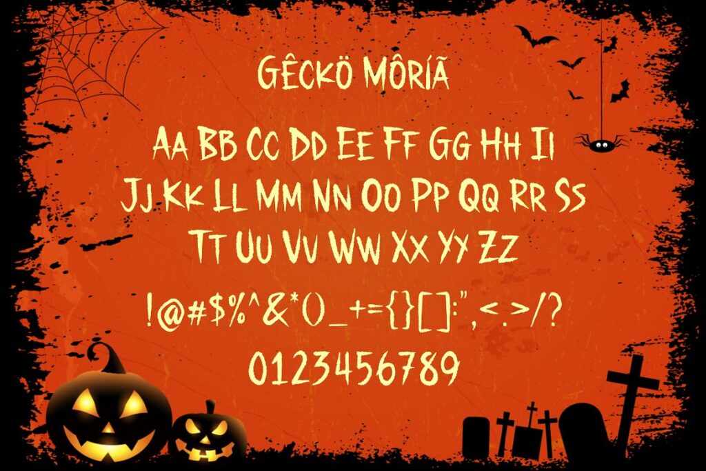 Hecko moria font alphabet, symbols and numbers.