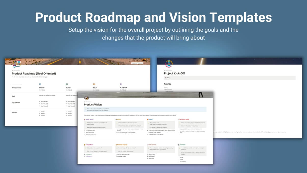 Three slides of product roadmap and vision templates on the blue background.