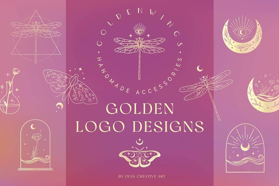Golden logo designs, golden wings and handmade accessories.