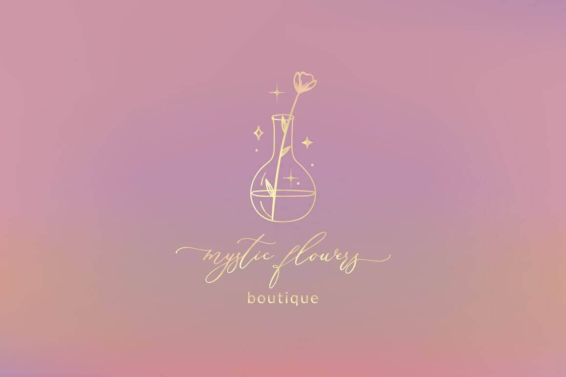 In a beautiful transparent vase there is a flower and an inscription "Mystic flowers boutique" on a pink background.