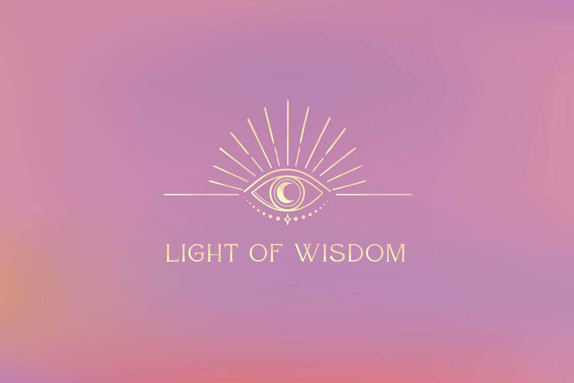 A huge eye and inscription "Light pf wisdom" on a pink-purple background.