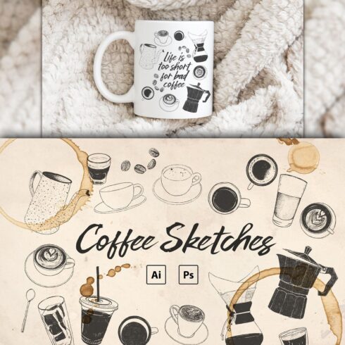 Hand Drawn Coffee Sketches PSD, AI cover image.