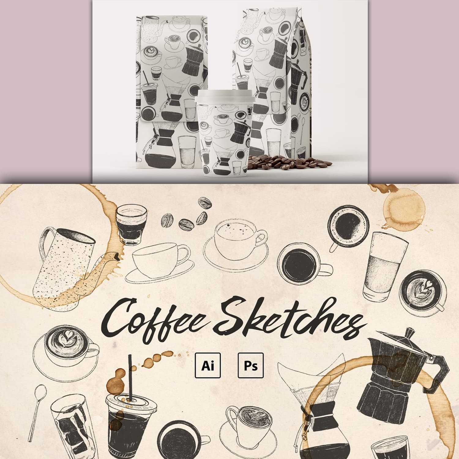 hand drawn coffee sketches set.