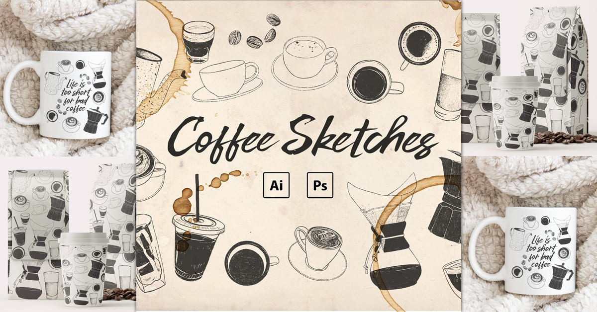 Hand Drawn Coffee Sketches PSD, AI facebook image.