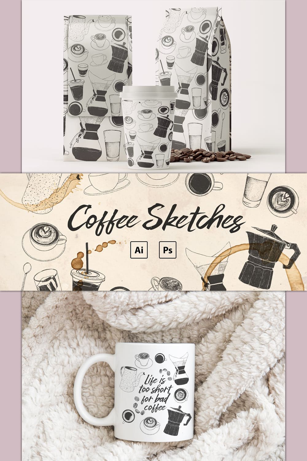 Hand Drawn Coffee Sketches PSD, AI pinterest image.