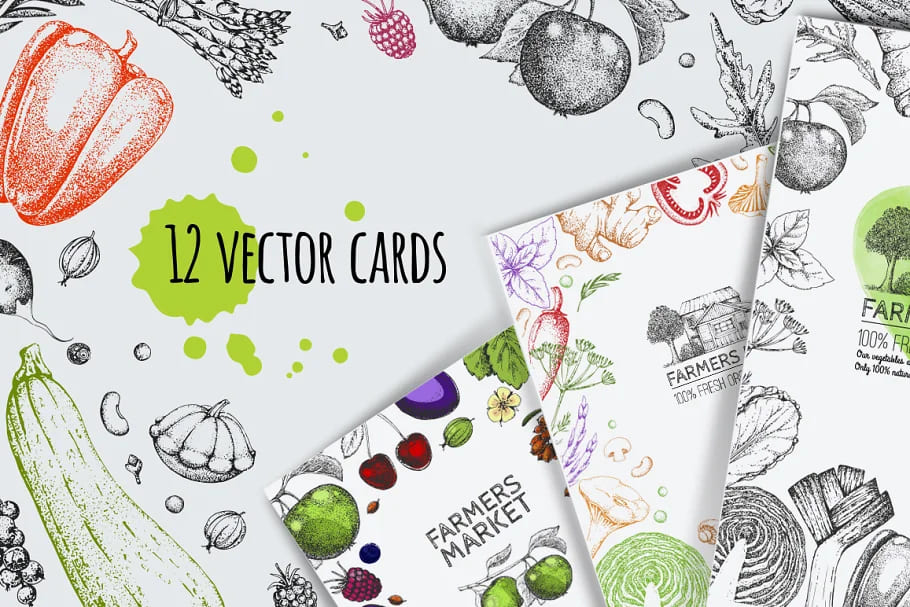hand drawn vegetables and fruit vector cards.