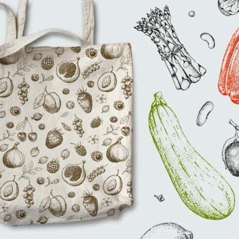 hand drawn vegetables and fruit patterns.