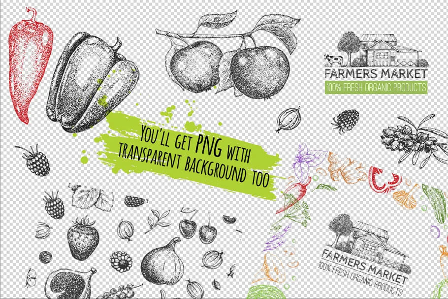 hand drawn vegetables and fruit backgrounds.