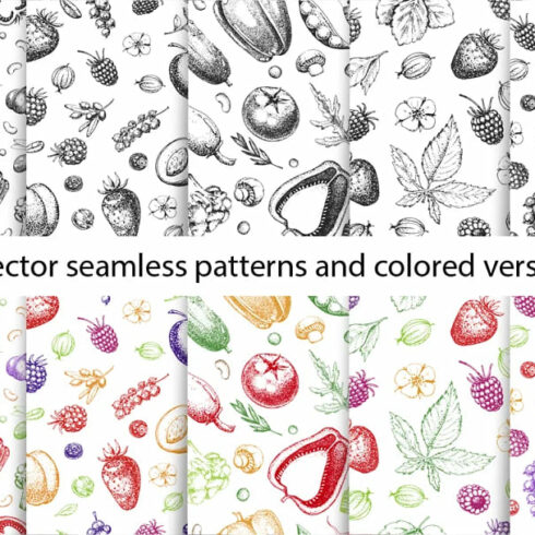 hand drawn vegetables and fruit patterns in color and black and white.