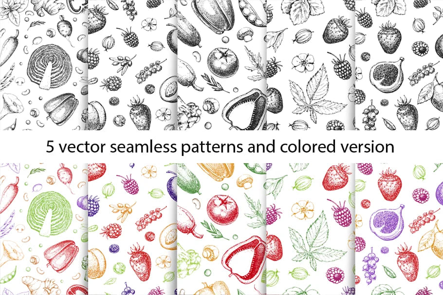 hand drawn vegetables and fruit patterns in color and black and white.
