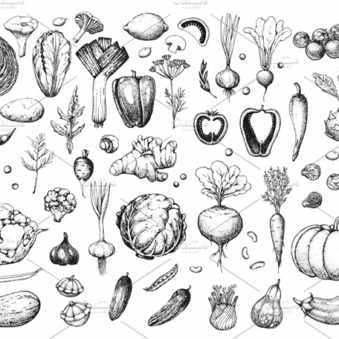 hand drawn vegetables and fruit, vegetables elements in black and white.
