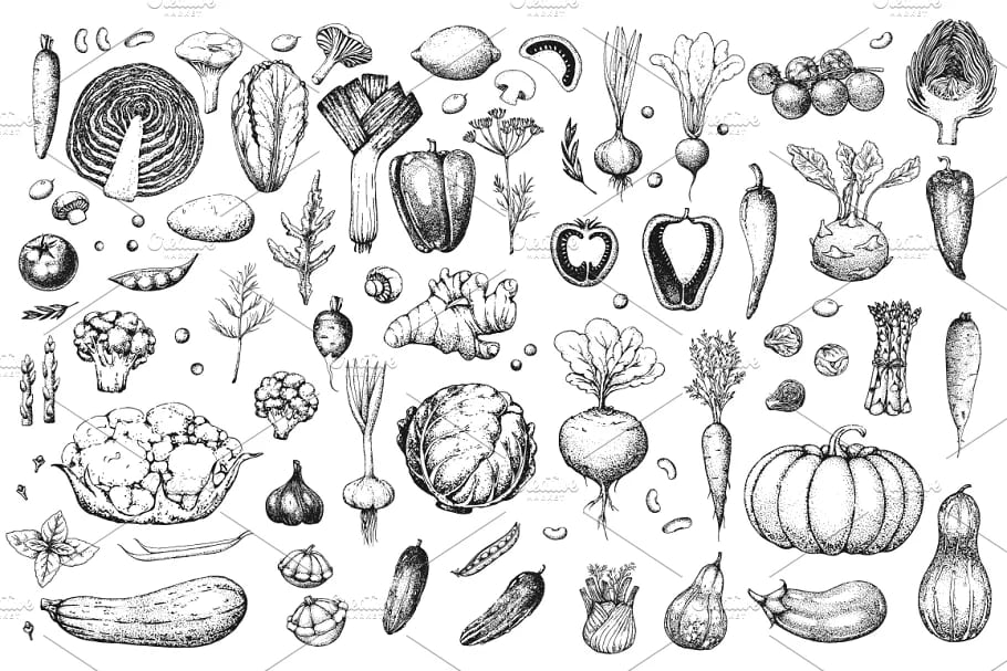 hand drawn vegetables and fruit, vegetables elements in black and white.