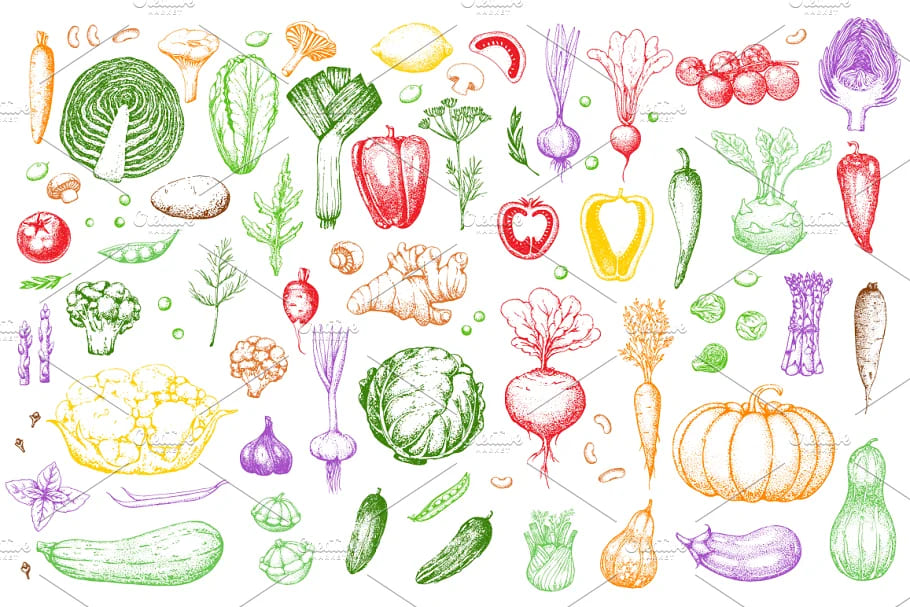hand drawn vegetables and fruit, vegetables elements in color.