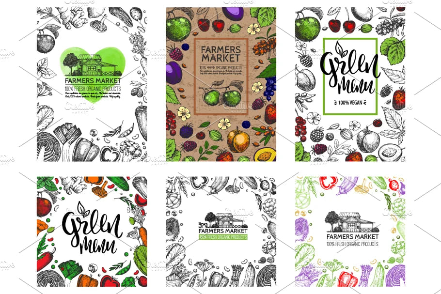 hand drawn vegetables and fruit cards.