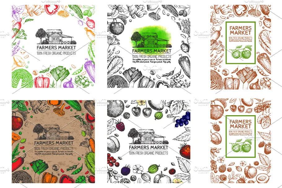 hand drawn vegetables and fruit cards design.