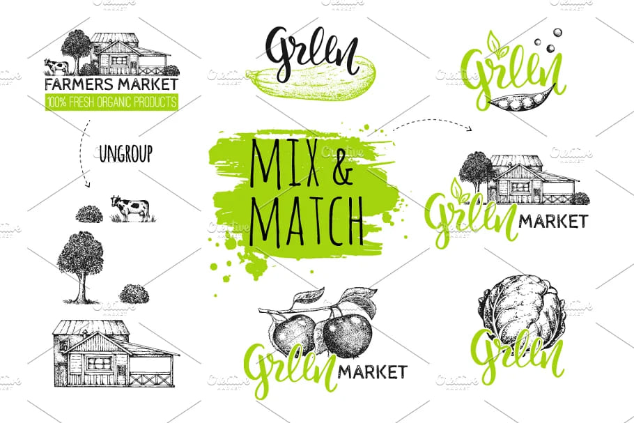 hand drawn vegetables and fruit mix and match elements.