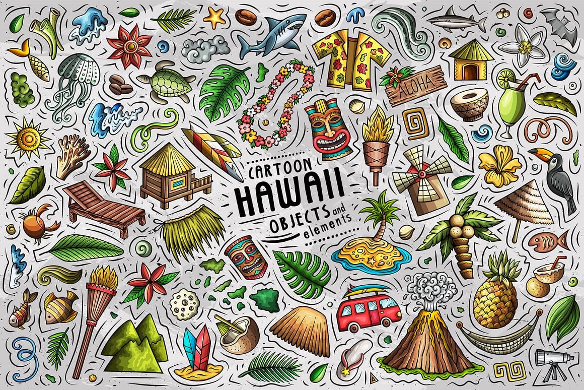 Hawaii Cartoon Objects Set Preview 1.