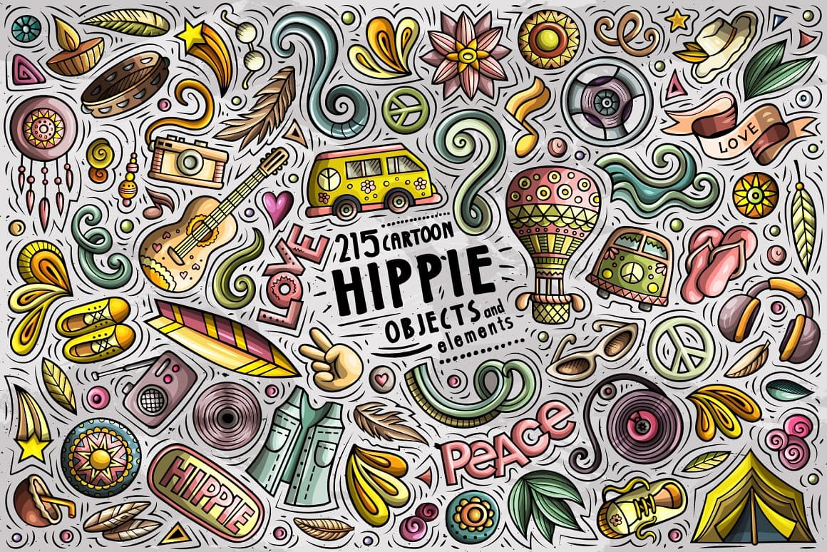 Hippie Cartoon Objects Set Preview 1.