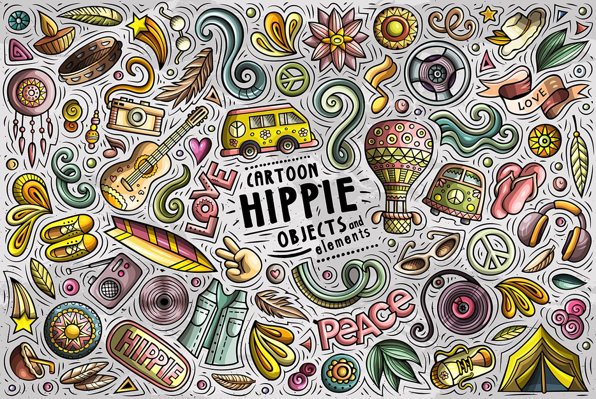Hippie theme with classic images on the theme.