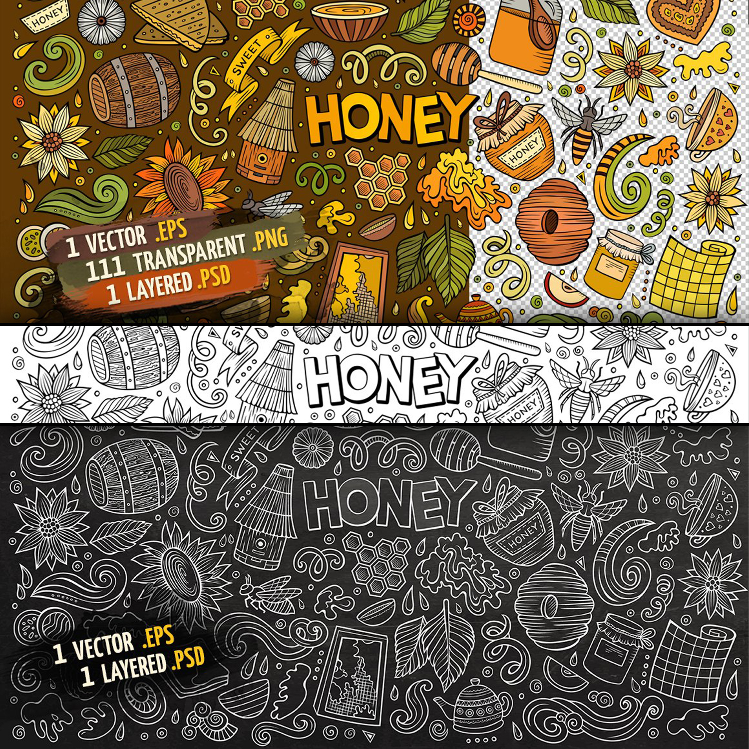 Honeycombs, bees, flowers and berries in three versions.
