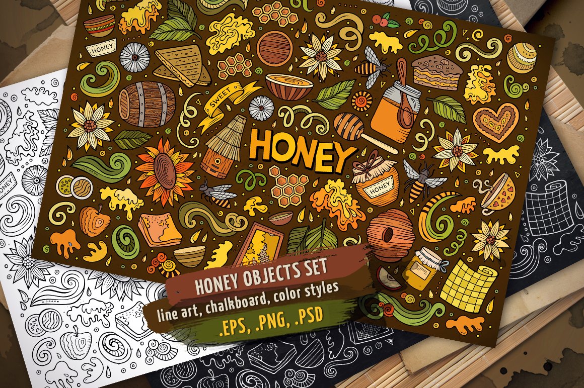 Honey in the picture, barrel. bees, and other honey.