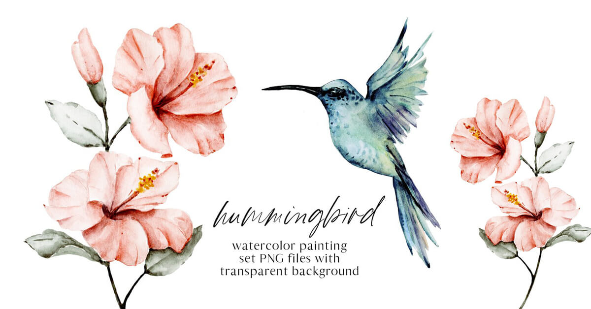 Watercolor drawing of a flying blue hummingbird with pink flowers around it.