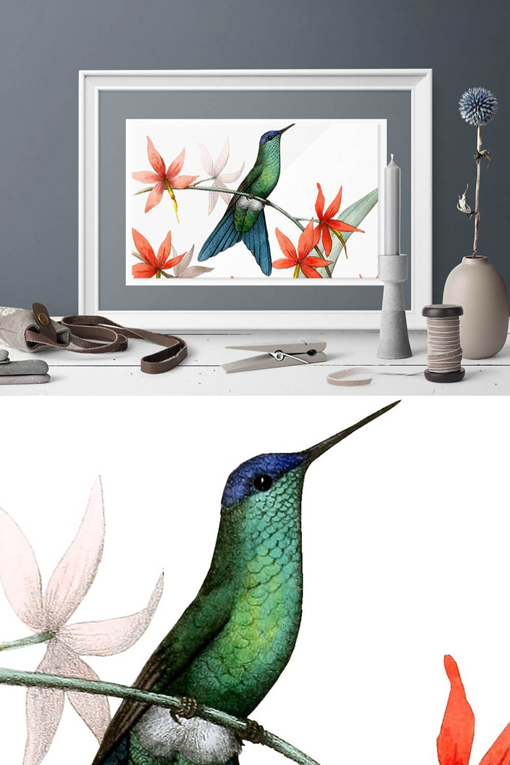 Drawn hummingbird on a white background in a gray room.