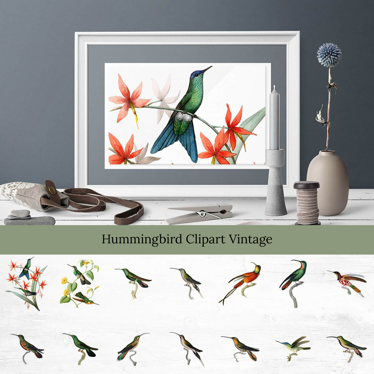 Hummingbird painting of incredible beauty in a room with gray walls.