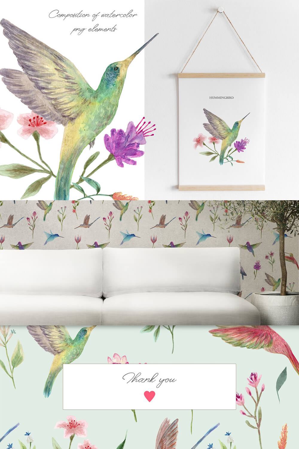Various applications on objects painted with watercolor hummingbirds: on the wallpaper, on the picture, on the background.