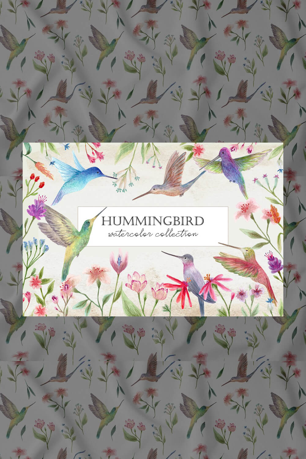 In the center are more brightly painted hummingbirds with flowers.