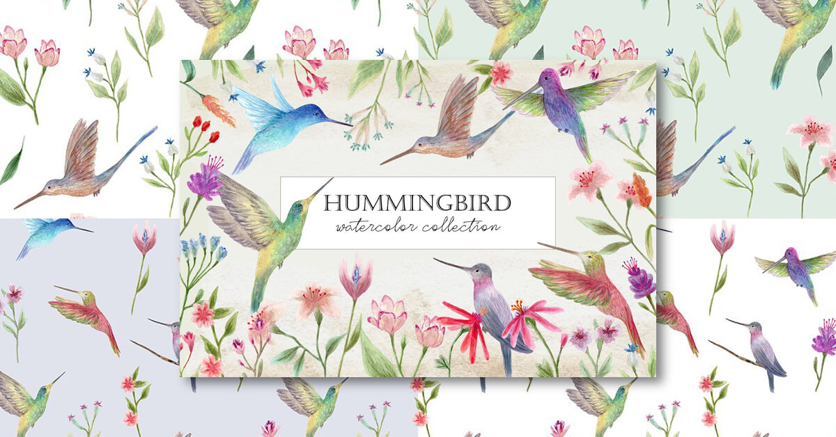 In the center is a watercolor painting with hummingbirds and flowers, around this painting there are 4 options for applying a drawing with a hummingbird.