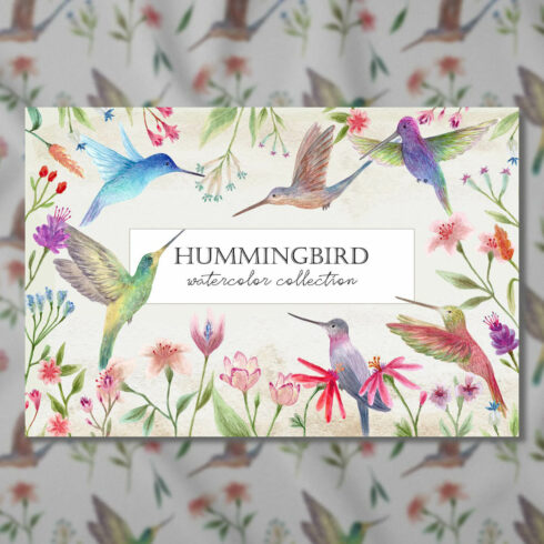 In the center, a watercolor painting with hummingbirds and flowers is clearly drawn, around this painting there is also an image with hummingbirds, but more blurry.