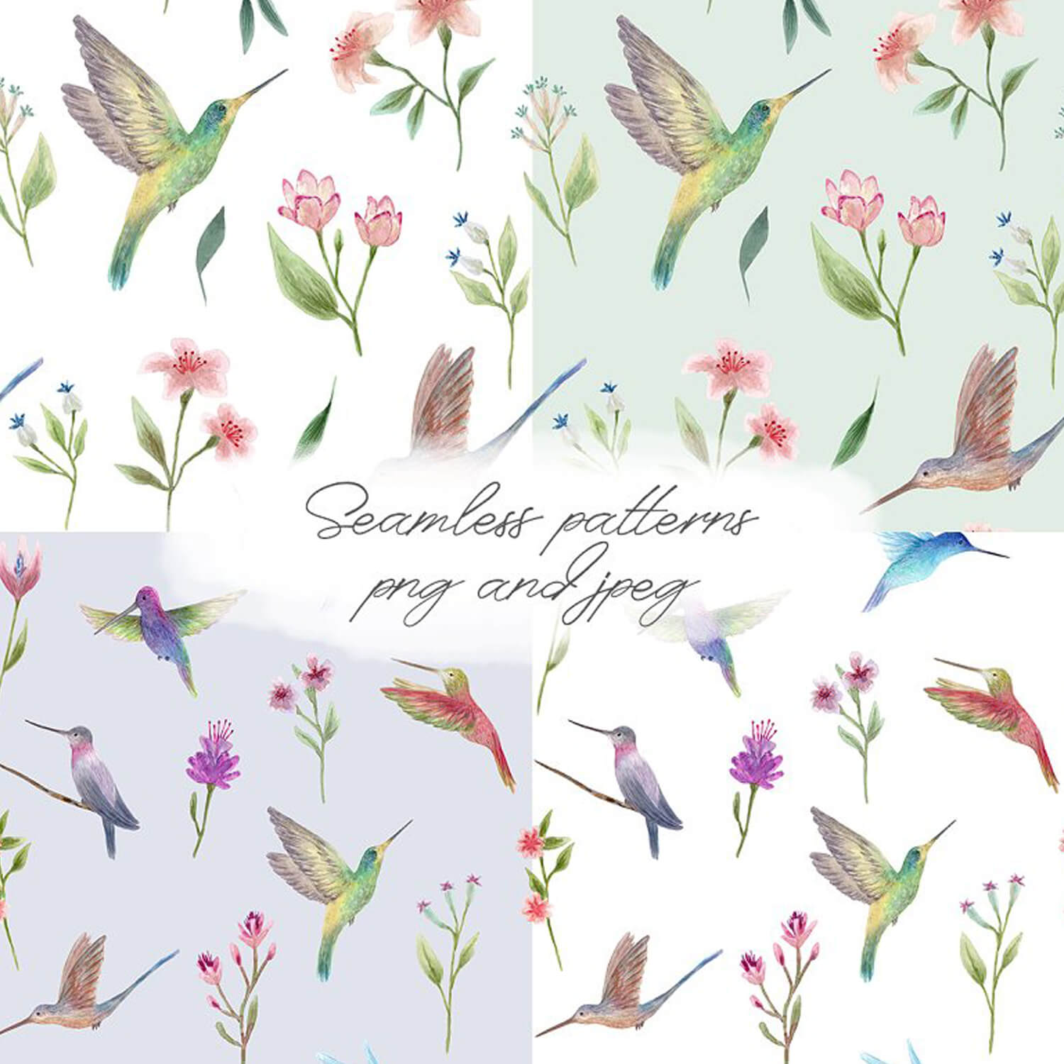 4 variants of painted hummingbirds: on different backgrounds, on white and blue, and in different sizes, large and small.