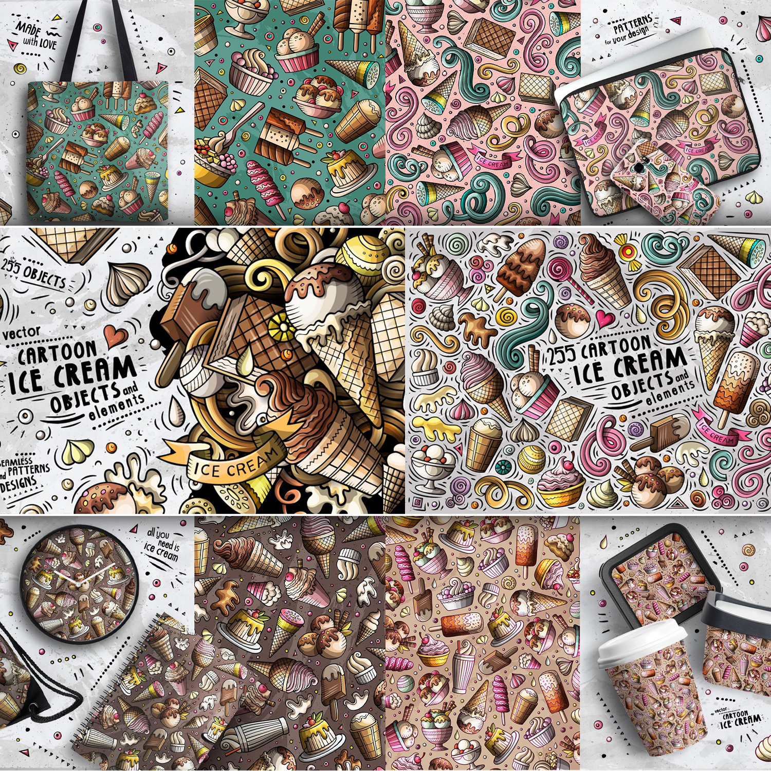Preview of prints in different versions and conditions on the theme of ice cream.