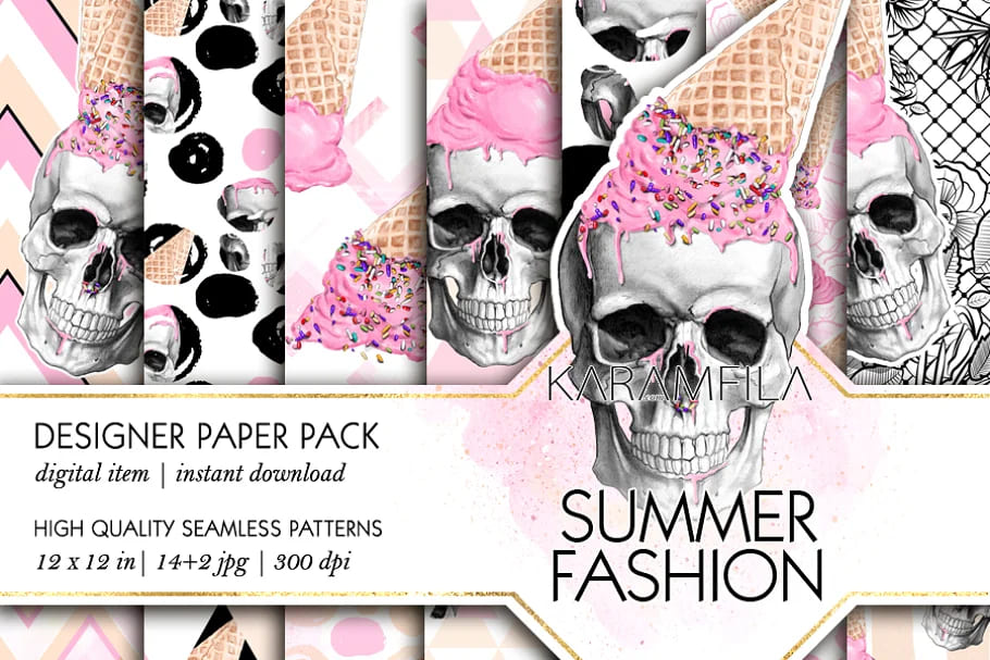 ice cream skulls summer patterns for your design.