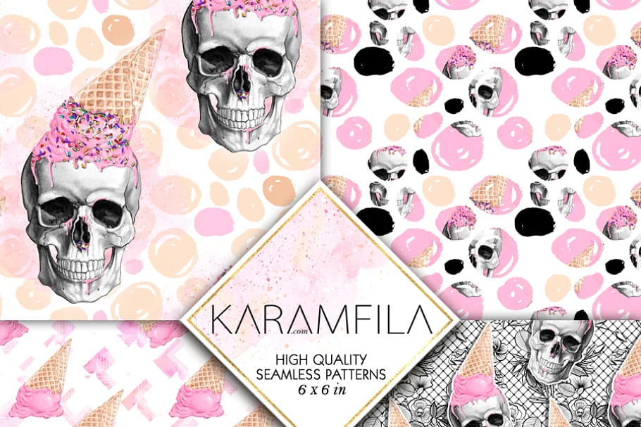 ice cream skulls summer patterns for scrapbooking projects.
