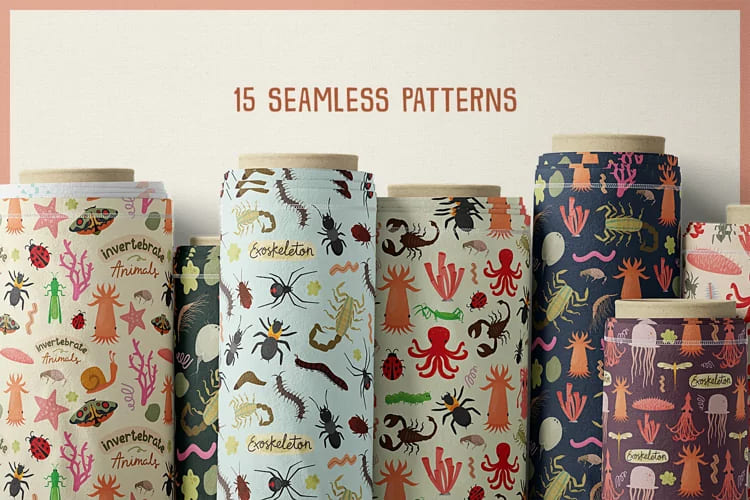 invertebrate animals seamless patterns.