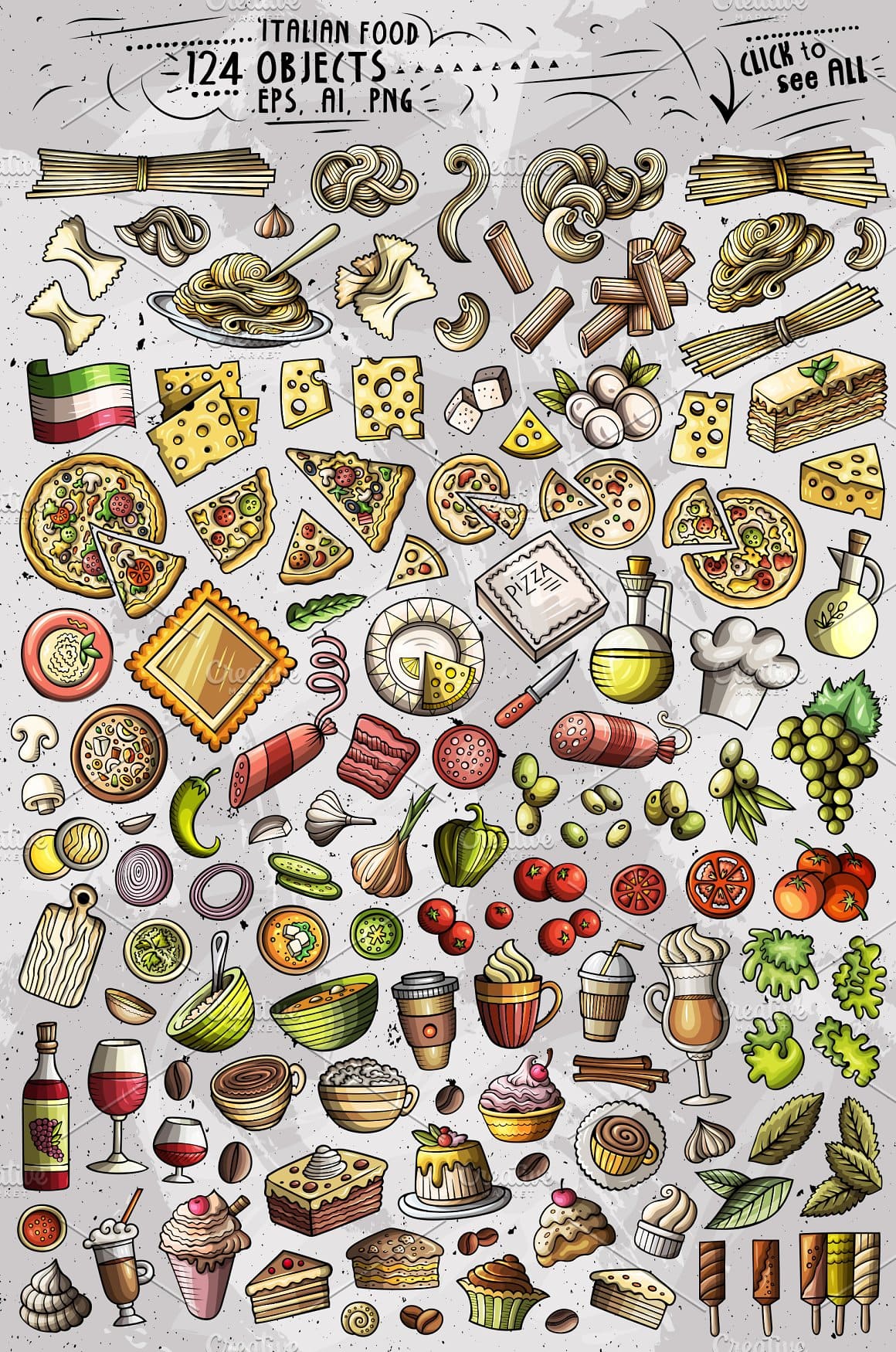 Italian Food Cartoon Objects Set Preview 2.
